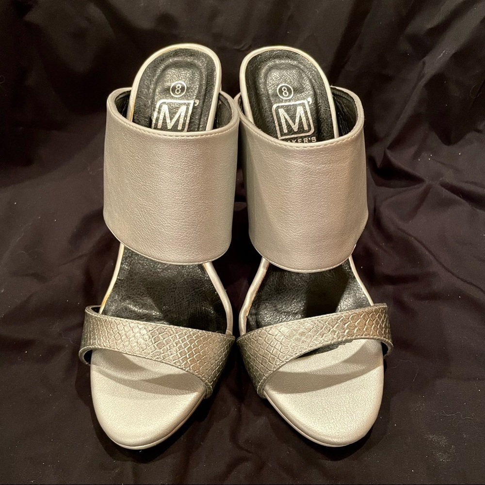 Maker’s Silver Slide Mule High Heel Sandals, size 8